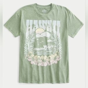 Hollister Hawaii Distressed Sage Green Oversized Short Sleeve Graphic Tee, XS
